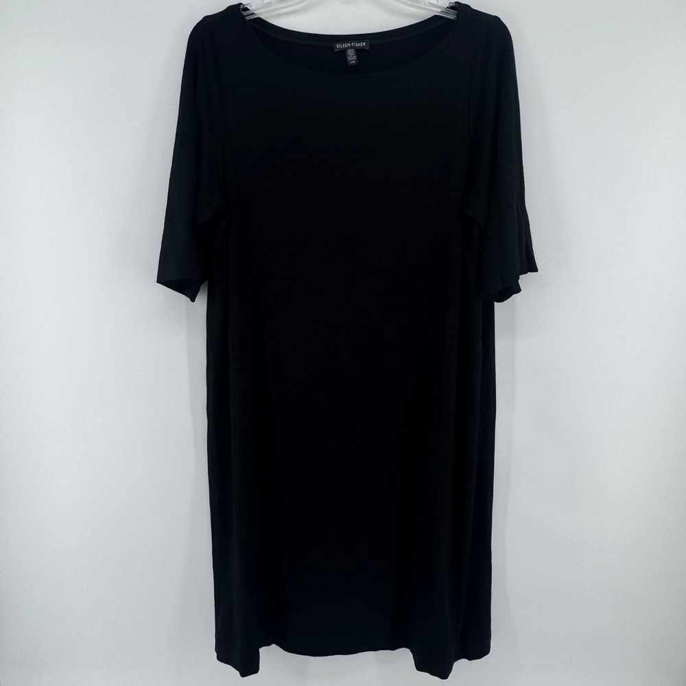 Eileen Fisher Shift Dress Large Black Viscose Jersey Boat Neck Elbow Sleeve